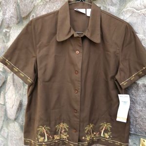 Alfred Dunner Brown Embroidered Linen Blend Blouse